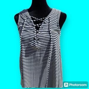 Staccato women’s S long top.  Navy blue stripe, tank top style with ties by neck